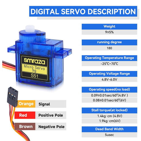 10 Pcs SG90 9G Micro Servo Motor Kit for RC Control - Robot Arm/Hand, Helicopter, Airplane, Car, Boat with Cable