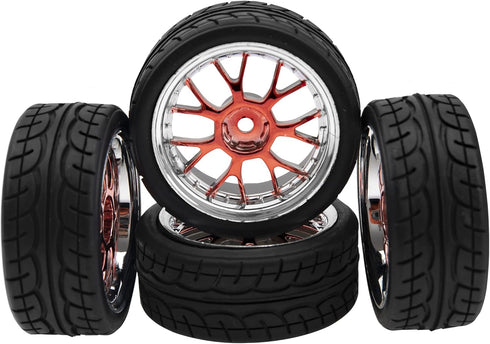 4Pack HIRCQOO 12mm Hex Plastic Wheel Rims & 2.59" Rubber Tires Set for Traxxas Kyosho HPI Tamiya TT-01 TT-02