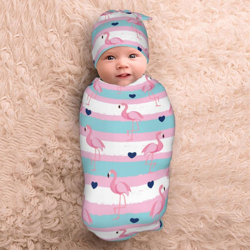 Osvbs Set, Cute Retro Flamingo Baby Stuff Newborn Swaddle Blanket with Beanie Soft and Stretchy Swaddling Baby Blanket