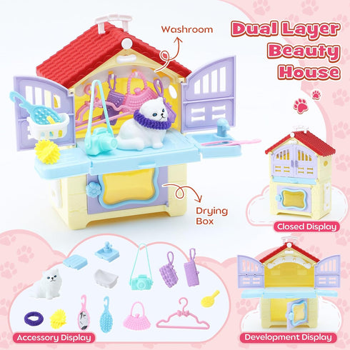 Golray 66Pcs Cat Toys for Kids Girls, 3 In 1 Pet Pretend Play Toys with 9 Cat Figurine/DIY Cat Tree/Beauty House/Playground, Toddler Cat Figures Pet Care Birthday Preschool Girl Boy Gift Age 4 5 6 7 8