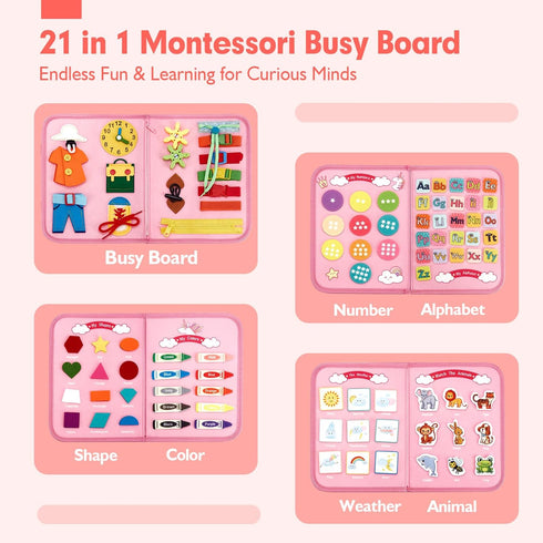 hahaland Busy Board - Montessori Toys for 2 Year Old Girl | Birthday Gift with Life Skills, ABC, 123, Shapes, Colors