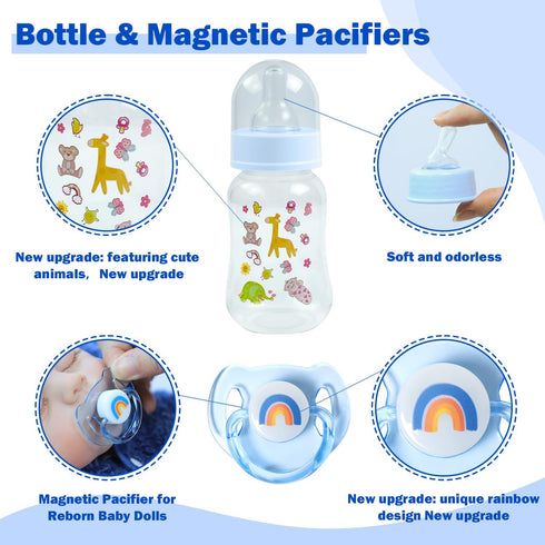 Set 3 SCOM Reborn Baby Doll Accessories - Rainbow Transparent Magnetic Pacifiers & Removable Reusable Baby Doll Bottles