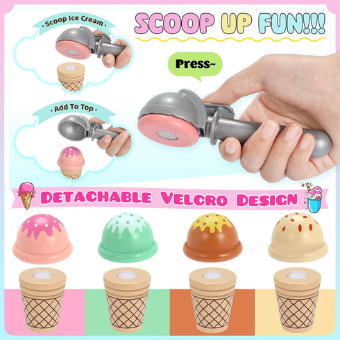 Set, Playset 3 4 5 6 7 8+ INNOCHEER Ice Cream Toy, Wooden Ice Cream Play Pretend Play Kitchen Toys, Ice Cream Toys
