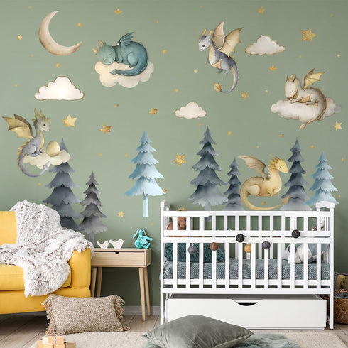 Dragon Wall Stickers,Peel and Stick Colorful Flying Dragon,White Clouds, Stars.Tree Self-Adhesive MuralRemovable Wall