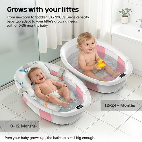 SKYNYCE 0-36 Setup Collapsible Baby Bathtub for Newborn to Toddlers Months, Large Baby Tub with Thermometer & Cushion