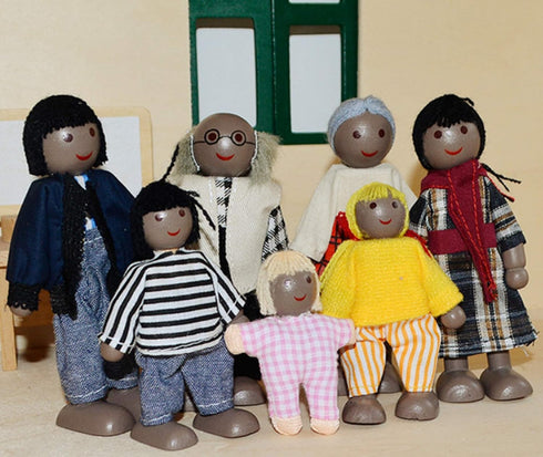 HYSTYLE 7 Pack Wooden Doll House Family Dolls - Family Role Play Pretend Play Mini People Figures (African American)