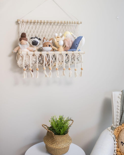 16" 22" Crane Baby Macrame Hanging Storage Bin for Nursery, Boho Baby Decor, Baby Toy Hanging Basket Wall Storage