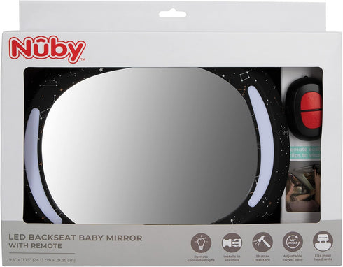 Nuby LED Light Backseat Baby Car Mirror with Remote Controlled Light, Wide View Shatter Resistant Mirror, Adjustable
