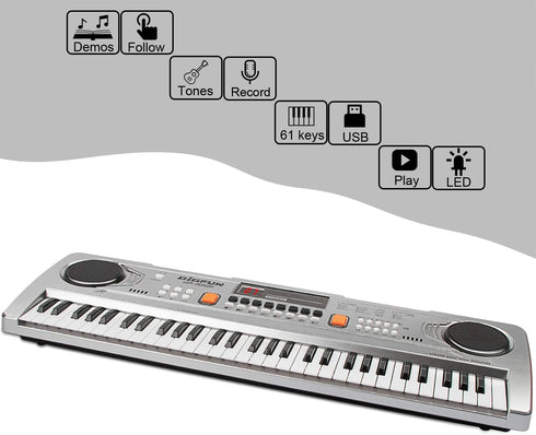 LeeQee Digital Keyboard Piano for Kids - 61 Keys Multifunction Electric Piano with Microphone for Ages 3-12 (Silver)