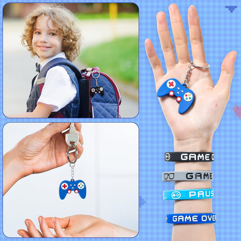 Shappy 36 Pieces Video Game Bracelets, Wristbands, Gaming Party Bags with Drawstring Game Controller Keychains