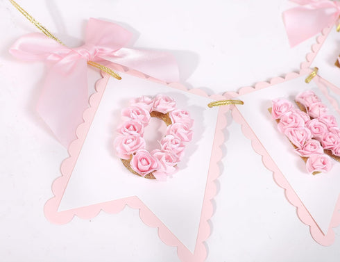 LINLULU 1st 1st Flower Birthday High Chair Banner - Pink and Gold One Birthday Banner, Princess Bday Decoration, Rose