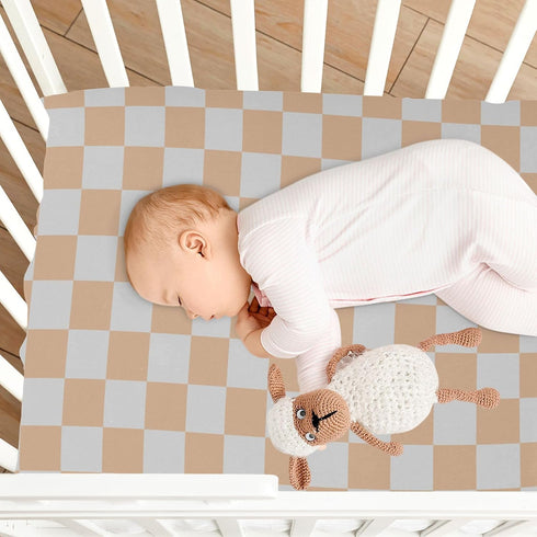 Pigsaly 27x39 Inch Crib Sheets Light Orange Gray Checkered Baby Sheet for Standard Crib Mattress Boys Girls Toddler Bed