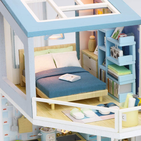 1:24 Cool Beans Boutique Miniature Dollhouse DIY Kit - Wooden Blue Townhouse with Pool