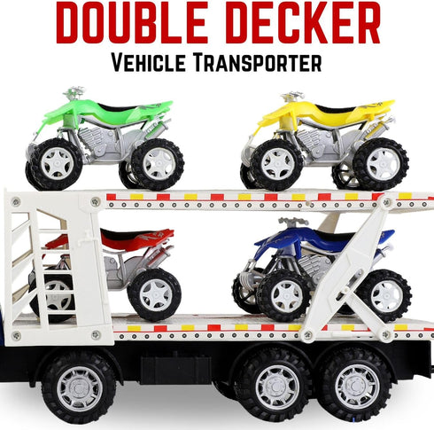 Auto Hauler Big Rig Toy Semi Truck Car Carrier 1:48 Scale with 4 ATVs Dirt Bike (Assorted Colors)