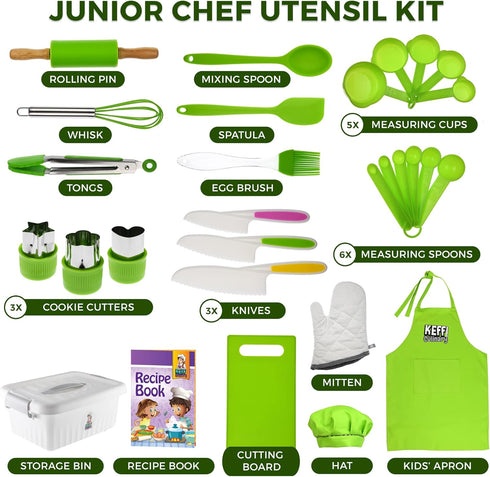 KEFF Kids Cooking and Baking Sets for Girls, Boys, Toddler - 30 Pcs Real Kitchen Utensils with Kid Safe Knives, Apron, Chef Hat, Cutting Board, Recipe Book & More - Green Kit