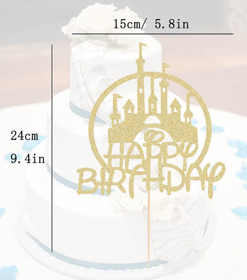 Castle Birthday Cake Topper - Gold Glitter Castle Theme Decoration Supply for Princess Prince Happy Birthday