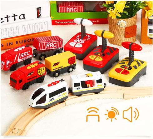 Battery Operated Wooden Train Set Accessories, Remote Control Locomotive Train Vehicles for Wood Tracks, Fits All Major