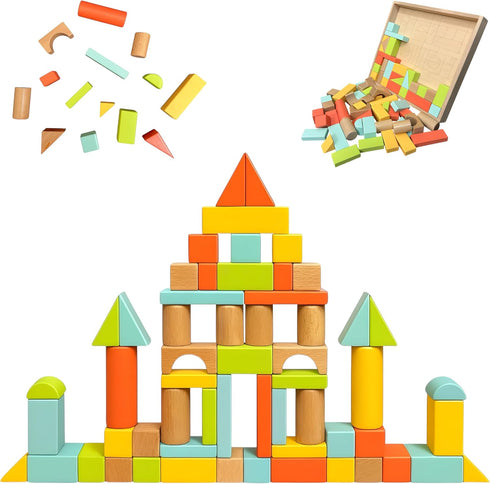 Natural Wood Building Blocks Set, 72 Pastel Color Pieces Castle Construction Blocks