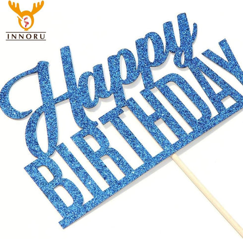 Blue Glitter Happy Birthday Cake Topper, Birthday Sign Cake Topper for Adults, Children, Teenagers, Anniversary Party