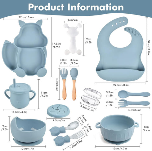 mraisebossup Set 15 Silicone Baby Feeding PcsBaby Plates,Baby Spoons Suction Bowl Divided Plate Bib Cup Finger Brush