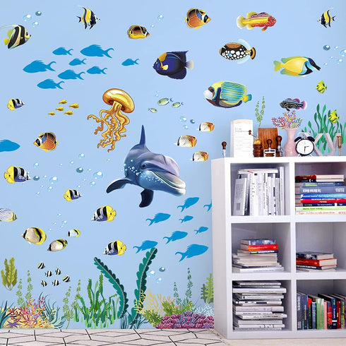 Creative 3D Ocean Fish Wall Sticker, Removable DIY Under The Sea Coral Grass Decal for Kids Nursery Decor
