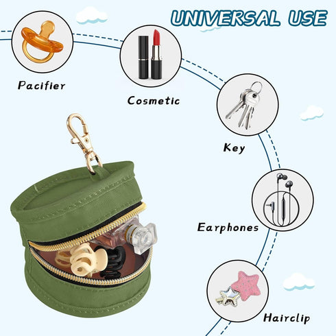 YETTASBIN Olive Green Portable Pacifier Holder Case with Metal Hook Buckle & Zipper for Diaper Bag and Stroller