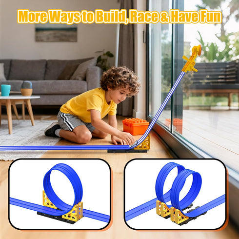 16 1/64th 3+ Flex Race Track Ft with Start Gate Accessories Compatible with Diecast Cars, Flexible Car Track Toys