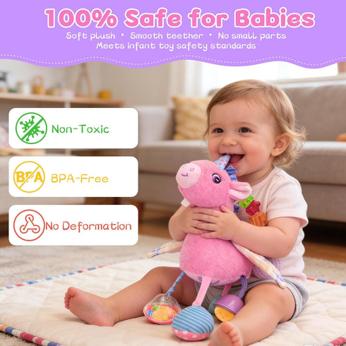 0-12 Car Seat & Stroller Toy for Girl - Musical Sensory Plush with Rattle & Mirror Baby Toys Months Hanging Travel