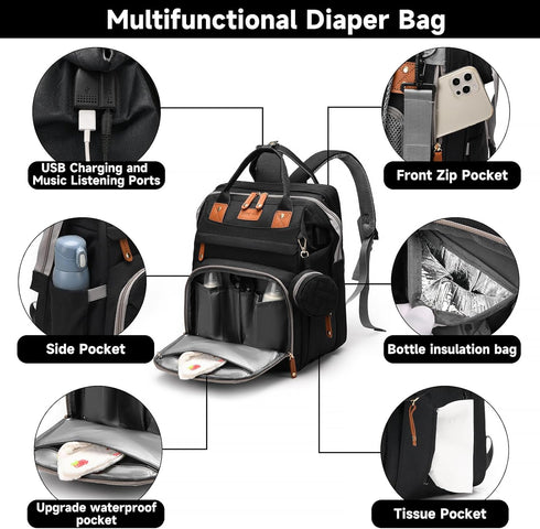 AHNTTGS Backpack Baby Diaper Bags with Changing Station, Large Capacity Diaper Bag for Moms Dads with USB Charging