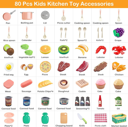 Funpynani 80pcs Set Playset Pretend Play Kitchen for Toddlers, Kids Cookware