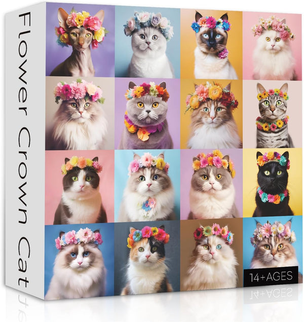 Cat Puzzles for Adults 1000 Pieces, Colorful Flower Crowns Cute Animal Puzzles, Funny Kitty Jigsaw Puzzle