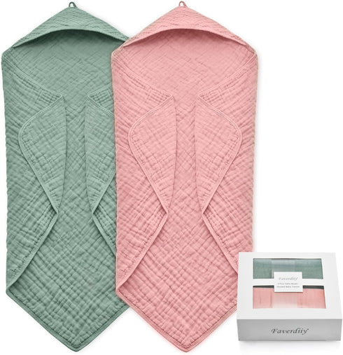 Hooded Baby Towels for Newborn, 35x35 Inch 2 Pack 100% Muslin Cotton