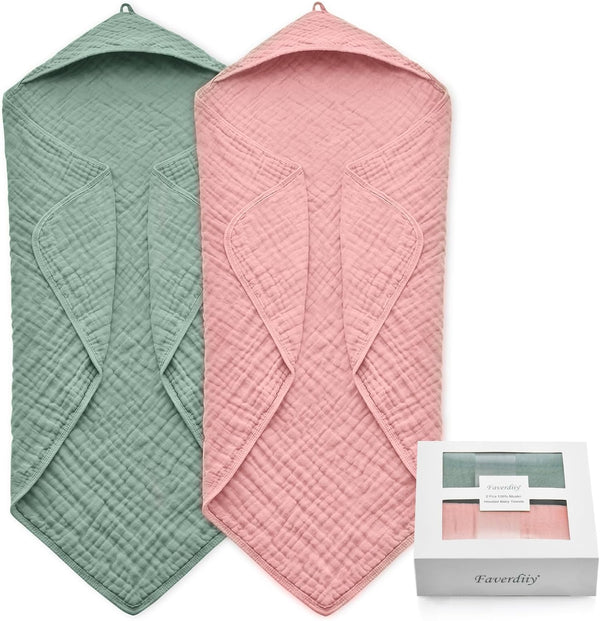 Hooded Baby Towels for Newborn, 35x35 Inch 2 Pack 100% Muslin Cotton