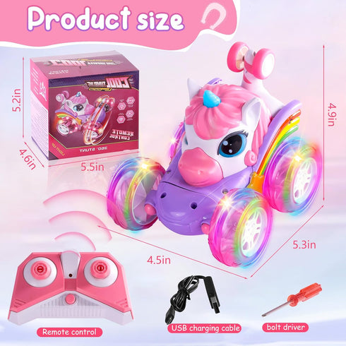 SUMEAUT 360 4WD 2.4GHz 3-6 7-9 (LY-018) Remote Control Car Unicorn for Girls Rotating Stunt RC Cars with Cute Cool LED