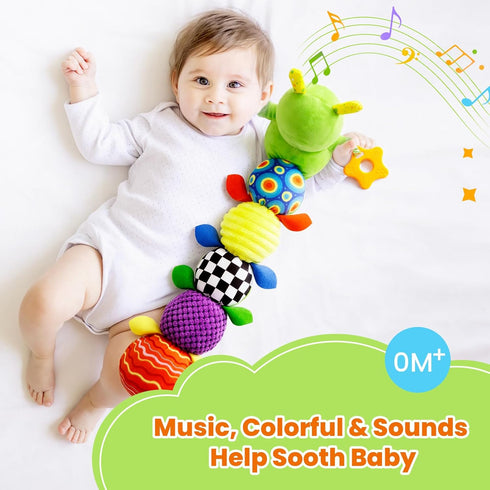 0-12 10 Tummy gogonova Baby Musical Caterpillar Toy Months, Washable Teething Rattle with Kids Songs, Infant Time Toy
