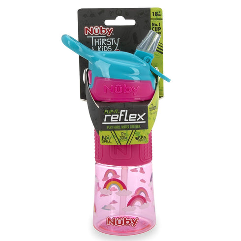 Nuby Thirsty Kids Push Button Flip-it Soft Spout Water Bottle, Easy Grip Band, Pink Rainbows, 12 Ounce
