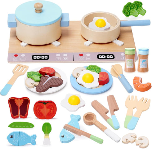 BGdoyz Play Kitchen Accessories, Wooden Play Cooking Set, Pretend Play Kitchen Set for