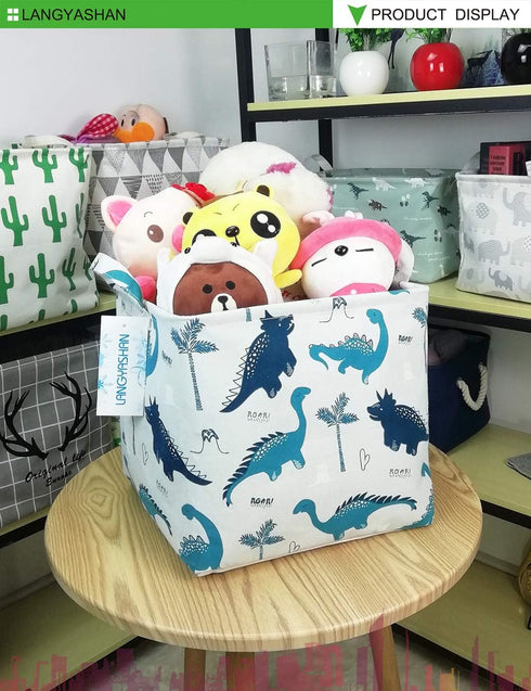 LANGYASHAN Square Storage Baskets, Waterproof Canvas Children Laundry Nursery Hamper, Toy Organizer Room Decor