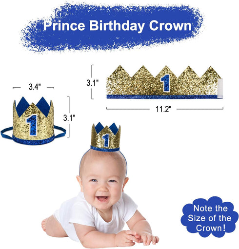 1st Birthday Boy Decorations with Burlap Highchair Banner, Blue Hat Crown, Cake Topper for Happy First Birthday Party