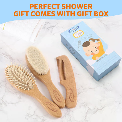 Set, (3 Set) Baby Hair Brush & Comb Organic Wooden Hairbrush Natural Goat Bristles for Newborns & Toddlers, Ideal