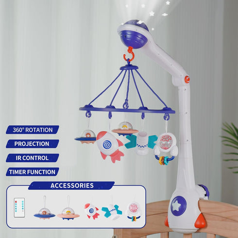 Musical Baby Mobile, Space Themed Nursery Mobile with Light Projection, Rocket and Spaceship Teether Toys, Hanging Toy