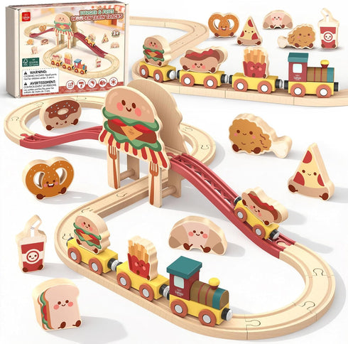 Lehoo Castle Wooden Train Set for Toddlers 2-4, Burger Theme Train Track