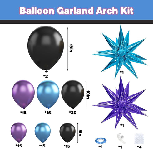 Black Purple Blue Balloon Arch Kit, Metallic Purple Blue Balloons Garland Kit with 2Pcs Star Balloons for Kids Video Game Party Decoration Baby Shower Engagement Party Supplies