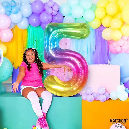 KatchOn Giant Rainbow 5 Balloon Number, 40 Inch, Number 5 Balloons for 5th Birthday Tie Dye Decorations