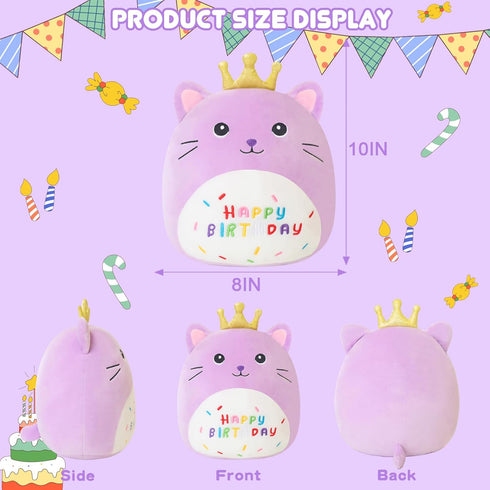 SQEQE Kawaii Cat Stuffed Animal, 10 Inch Plushie with Golden Crown, Birthday Party Decoration Gift for Kids