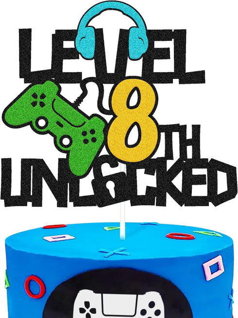 Level 8th Unlocked Cake Topper, Happy 8th Birthday Level Up Cake Decoration, Video Game Controller Play Game Theme, Boy’s Eight Birthday Party Supplies