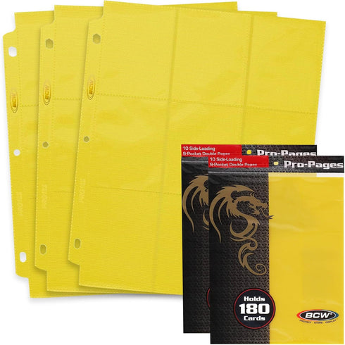 BCW Double-Sided 9-Pocket Pages Holder, 20 Yellow Pages for Trading Card Binder, Secure Side Loading Solution