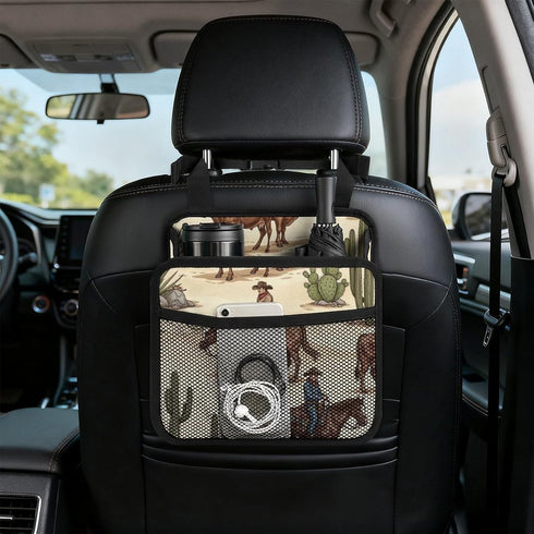 PPIKTC Spacious Hanging Auto Seat Organizer with Ventilated Mesh Pockets for Wet Wipes and Baby Supplies, Cowboy Cow