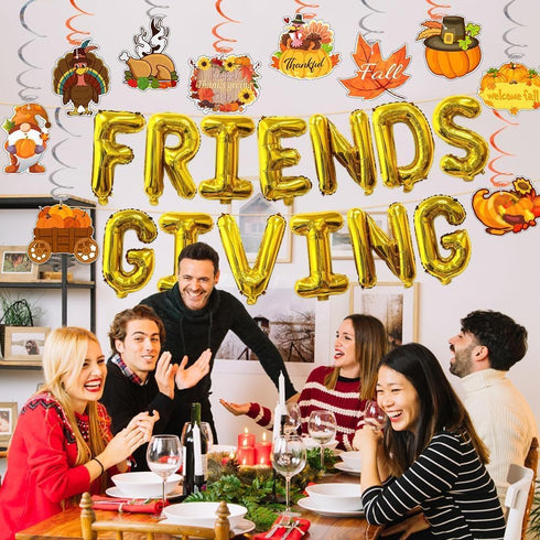 Friendsgiving Balloon Banner Decoration, Gold Foil Letter, 16 Inches Tall Thanksgiving Centerpiece, Fall Decor
