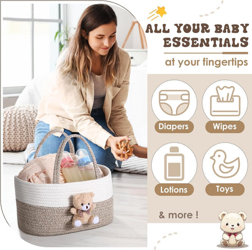 FoldTier Bear Diaper Caddy Organizer Cart Storage for Nursery with Handle, Bear Baby Shower Basket Gift Bath Caddy